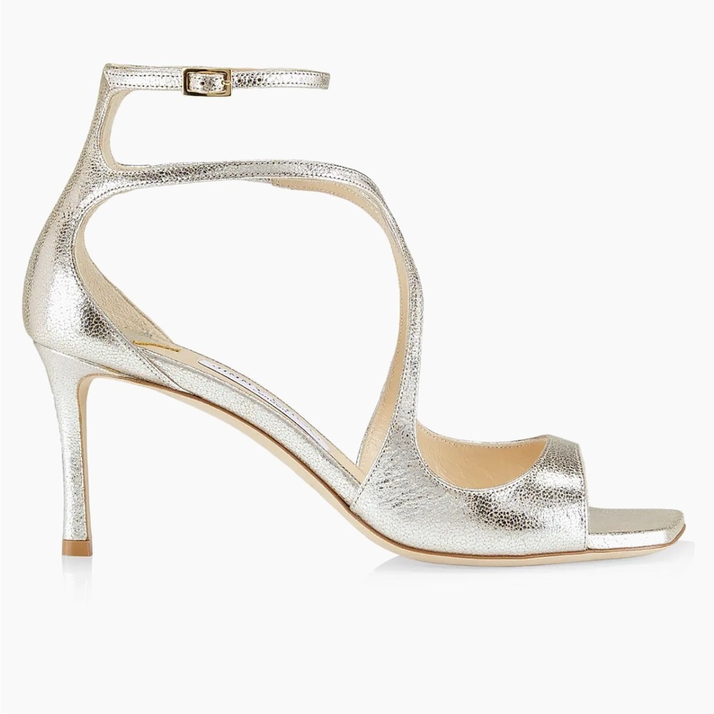 Jimmy Choo Azai 75MM Glitter Leather Sandals Size 7.5 in Champagne